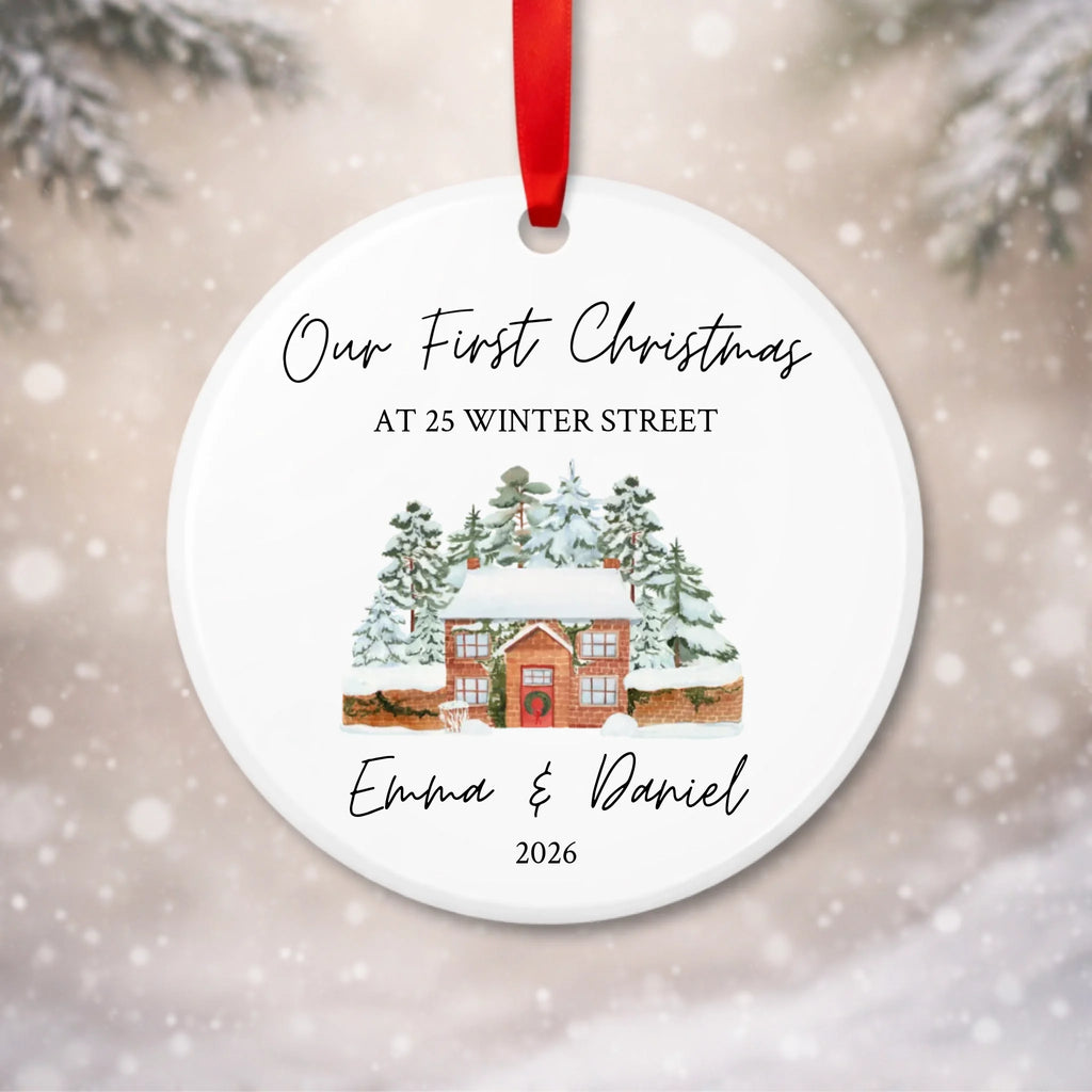 Personalised first Christmas in our new home bauble with names, year and house illustration