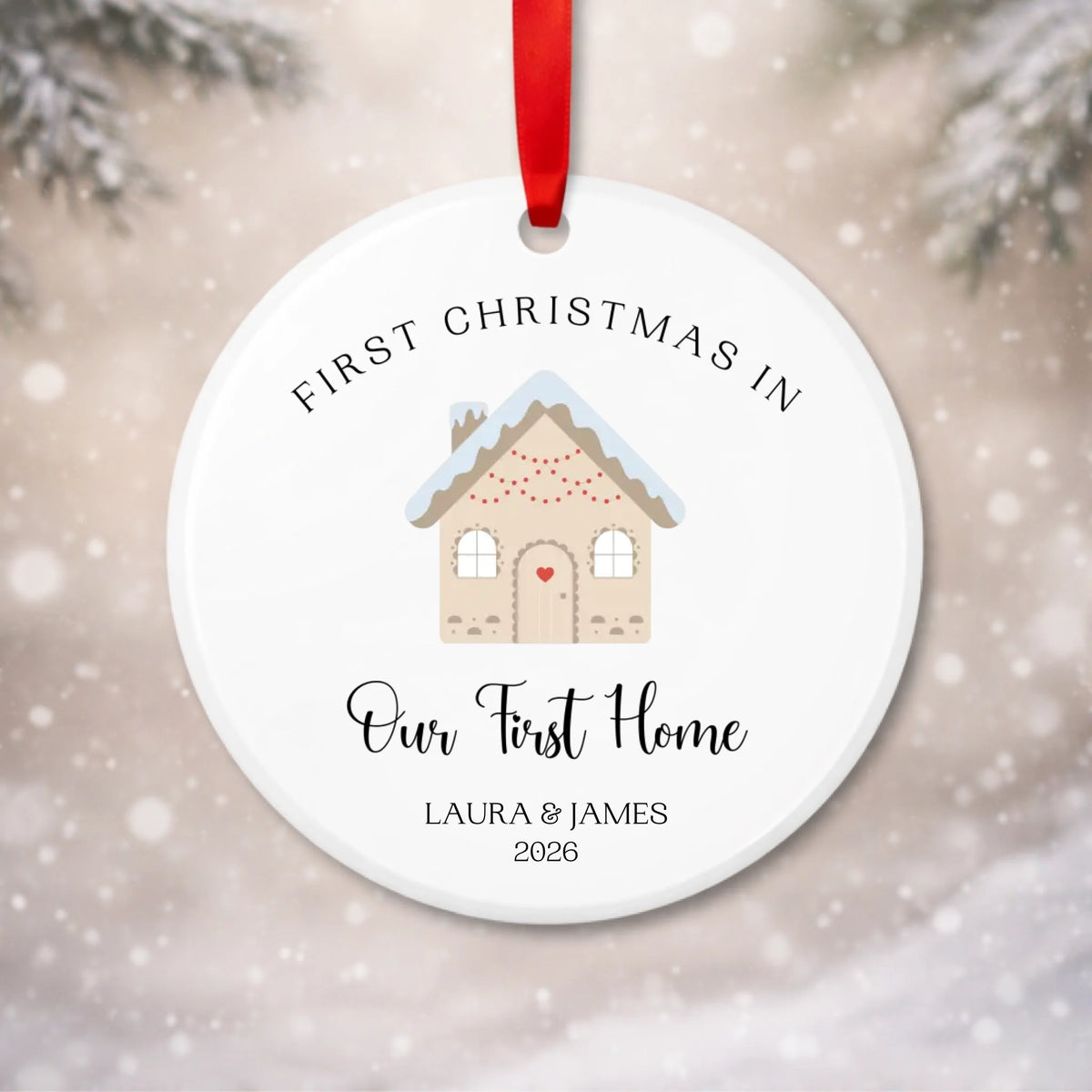 Personalised first home Christmas bauble with beige house illustration, names and year