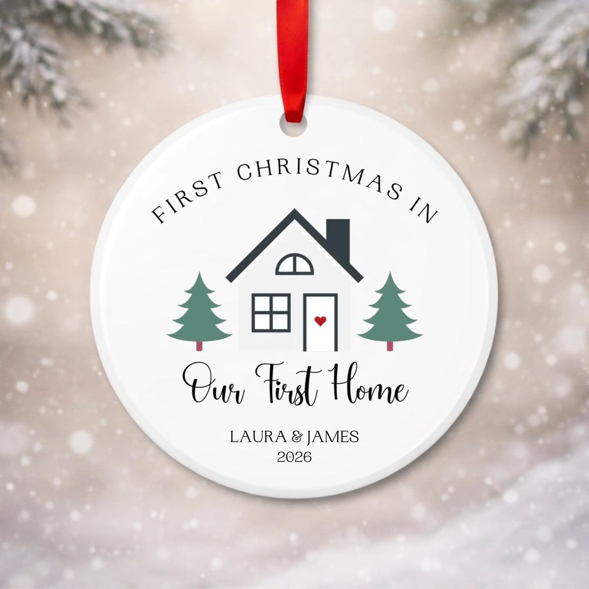 Personalised first home Christmas bauble with minimalist house design, names and year