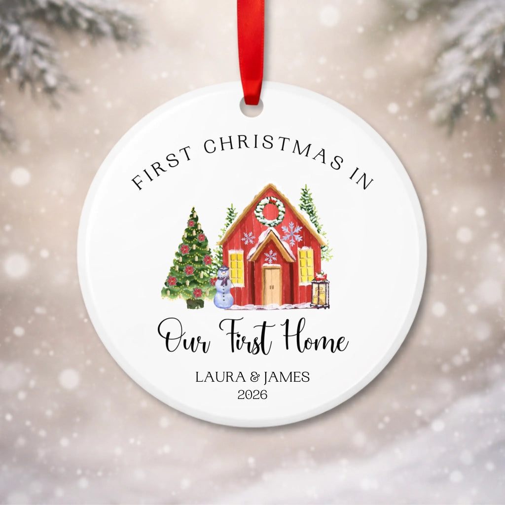 Personalised first home Christmas bauble with festive red house design, names and year