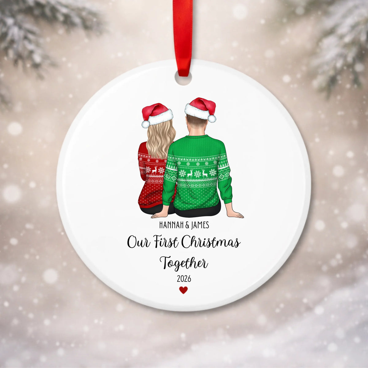 Personalised first Christmas together bauble with custom couple characters, names and year