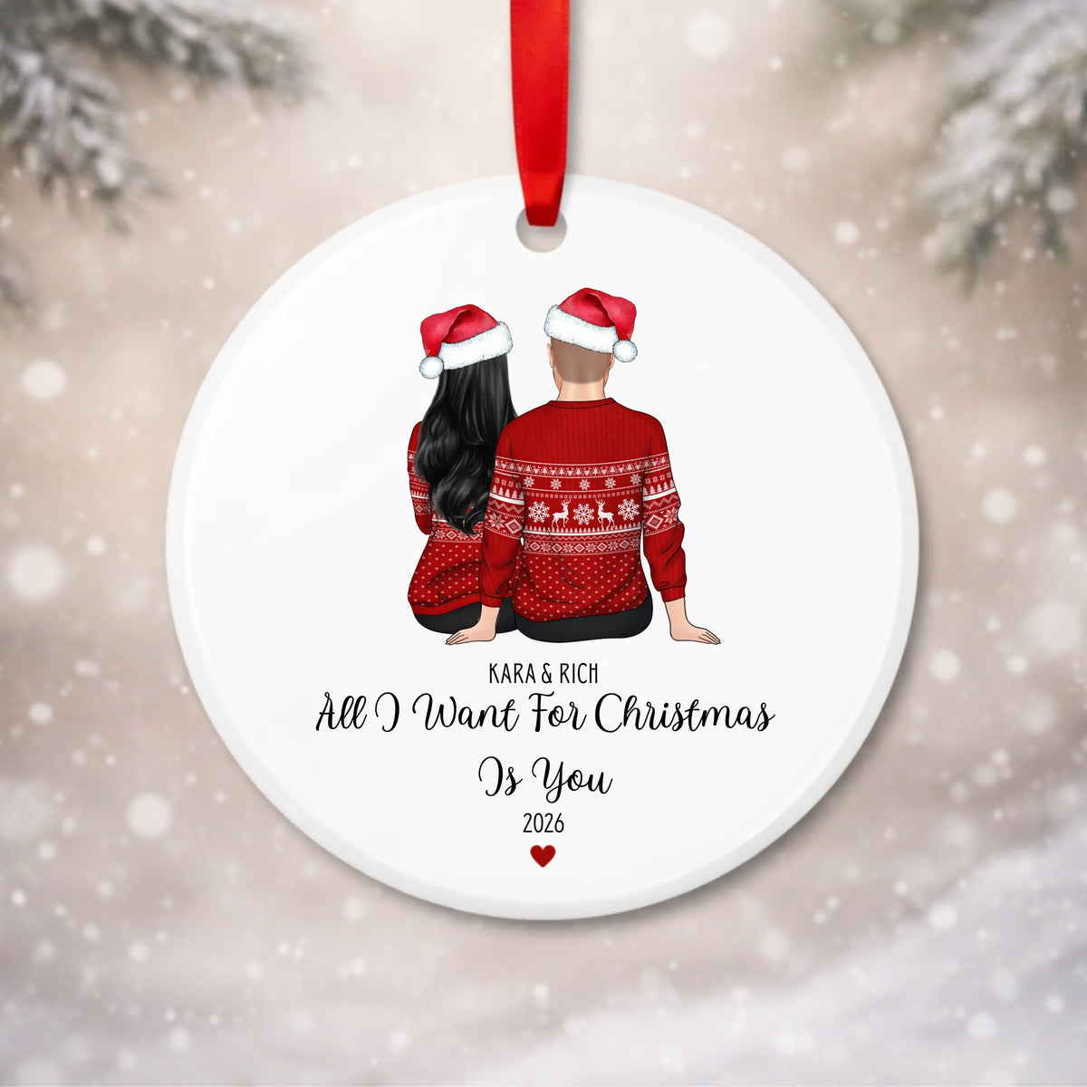 Personalised All I Want for Christmas Is You bauble with custom couple characters, names and year