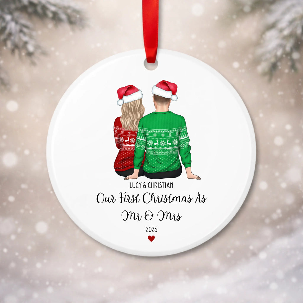 Personalised first Christmas as Mr and Mrs bauble with custom newlywed couple, names and year