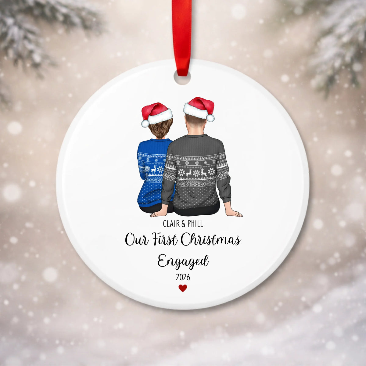 Personalised first Christmas engaged bauble with custom couple characters, names and year