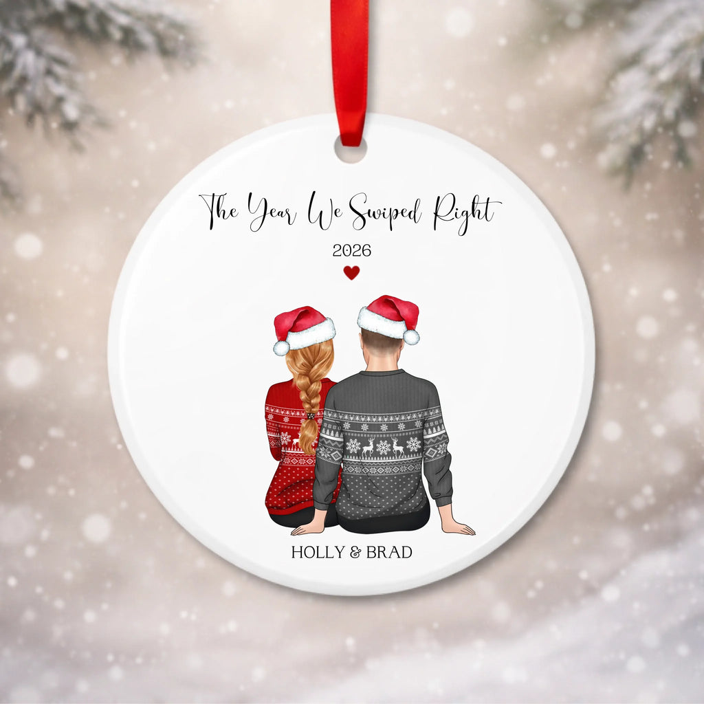 Personalised The Year We Swiped Right bauble with custom couple characters, names and year