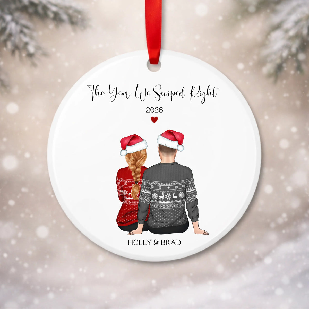 Personalised The Year We Swiped Right bauble with custom couple characters, names and year