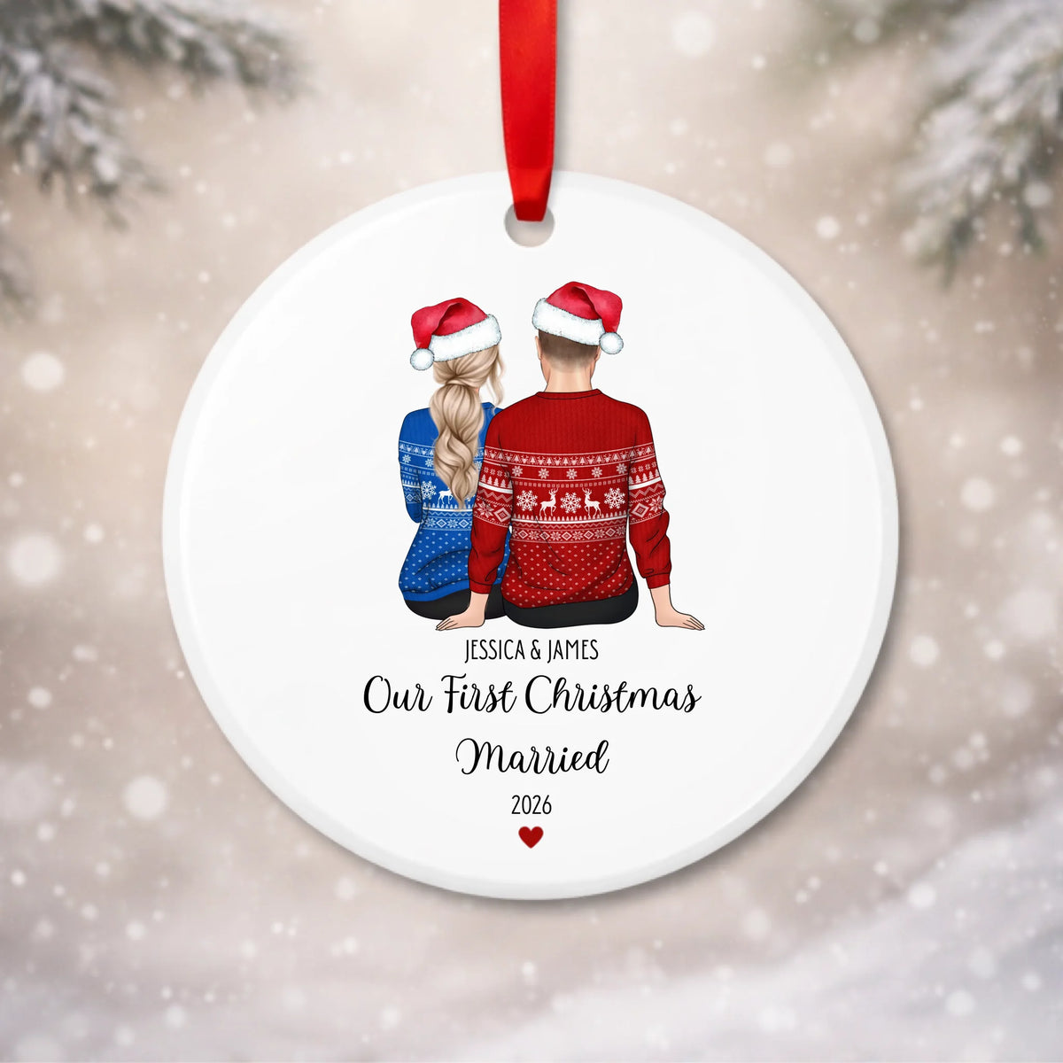 Personalised first Christmas married bauble with custom newlywed couple, names and year