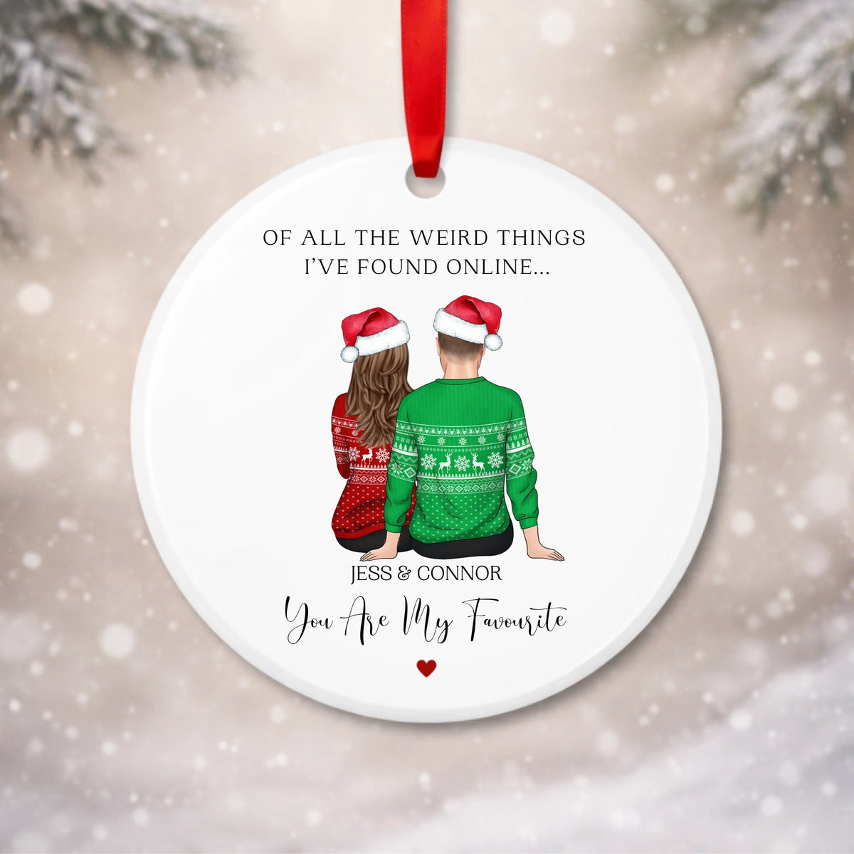 Funny personalised couple Christmas bauble for partners who met online with custom names and characters