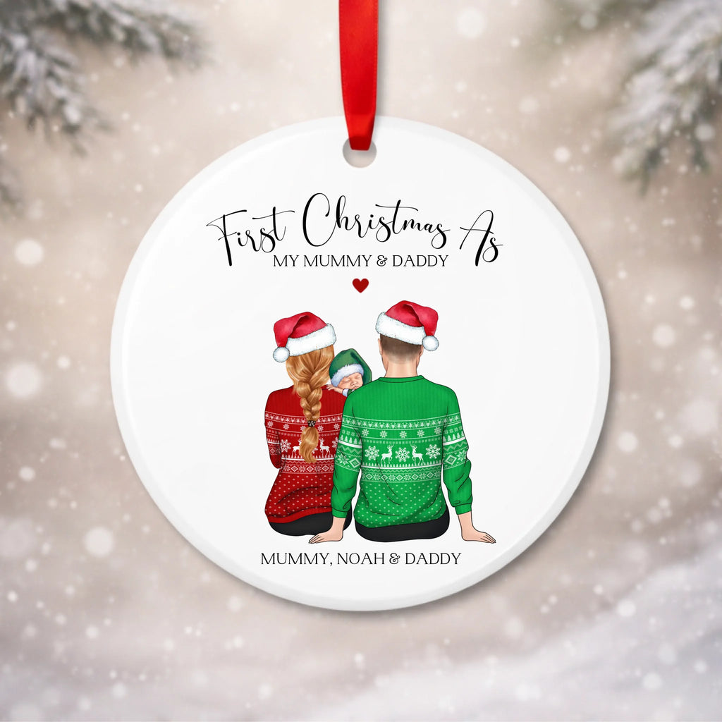 Personalised First Christmas as My Mummy and Daddy bauble with mummy daddy and baby illustration