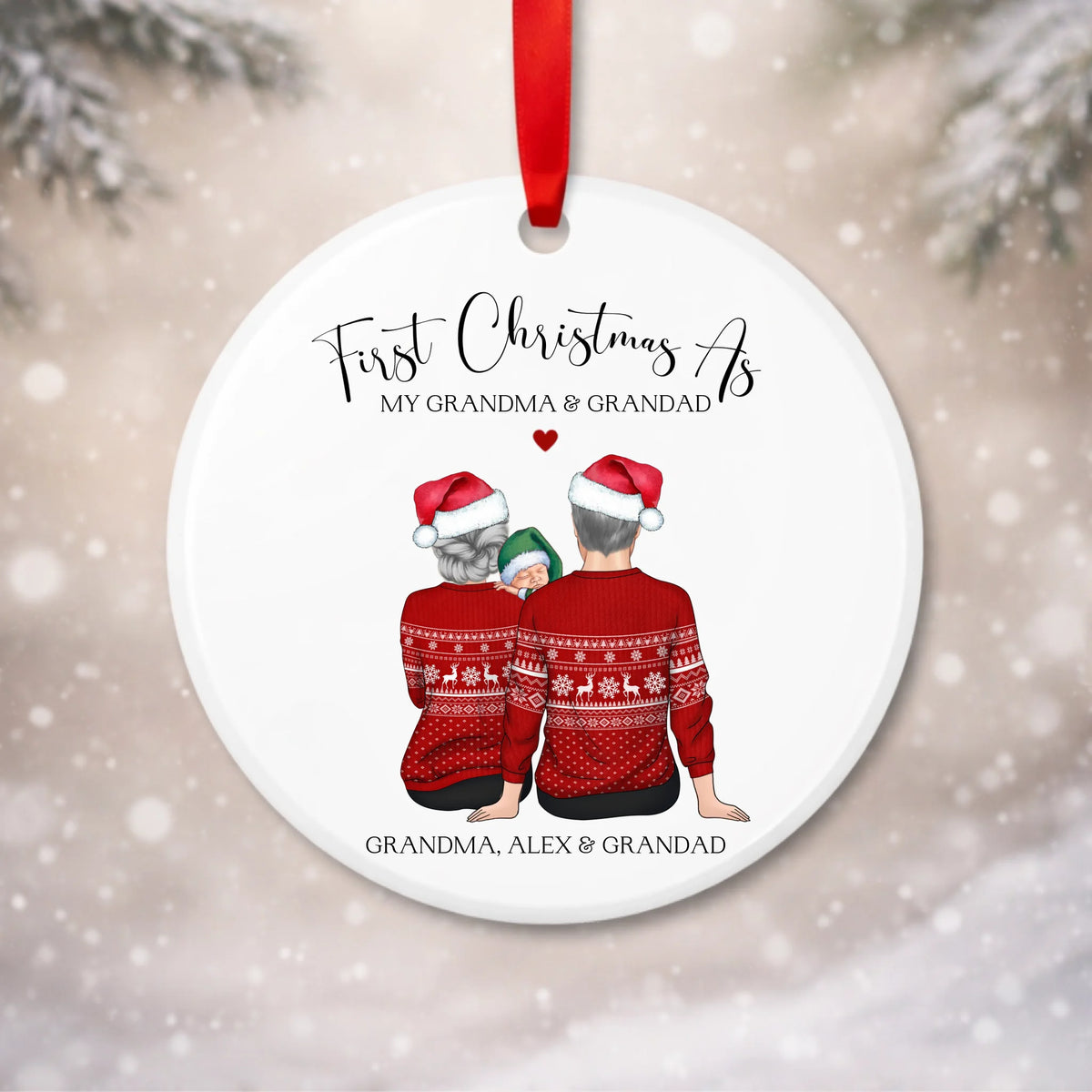Personalised First Christmas as My Grandma and Grandad bauble with grandma grandad and baby illustration