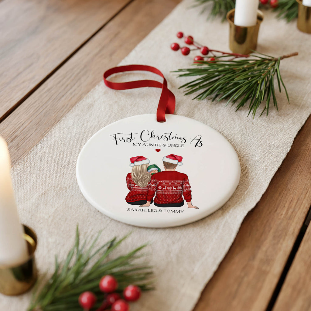 A round white ceramic Christmas ornament with a red ribbon hanger, featuring a printed illustration of a couple in red sweaters and Santa hats, with the text 'First Christmas As My Aunty & Uncle' and names 'Sarah & Leo & Tommy'. The ornament is styled on a linen runner with pine branches, red berries, and candles on a wooden table.